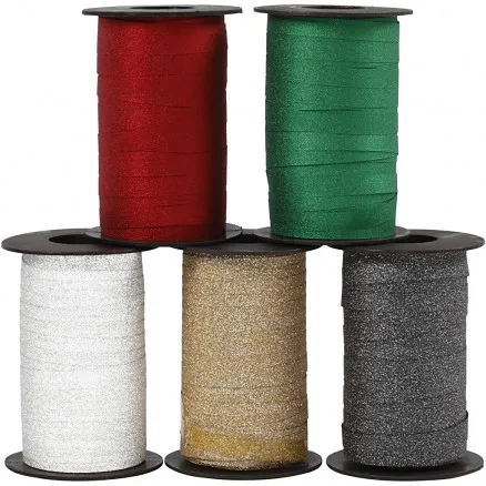 Presentband, ass. färger, B: 10 mm, glitter, 100 m/ 5 st.